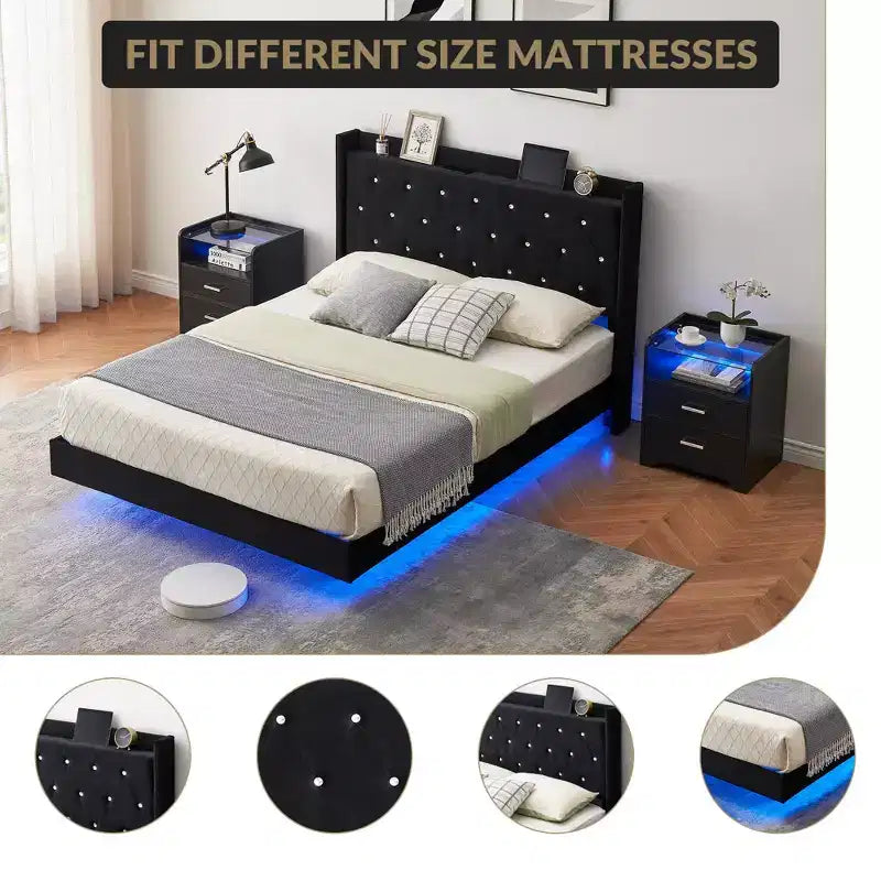 Base de cama flotante, Base de cama moderna tipo plataforma, Soporte de listones de madera, Cabecero tapizado, No necesita somier, Negro