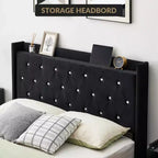 Base de cama flotante, Base de cama moderna tipo plataforma, Soporte de listones de madera, Cabecero tapizado, No necesita somier, Negro