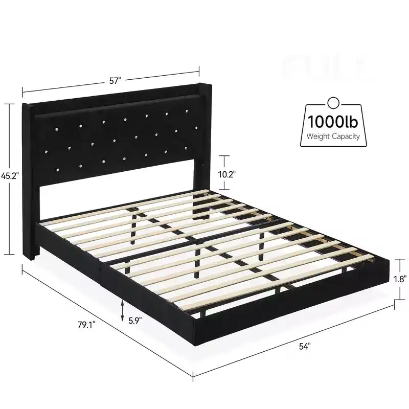 Base de cama flotante, Base de cama moderna tipo plataforma, Soporte de listones de madera, Cabecero tapizado, No necesita somier, Negro