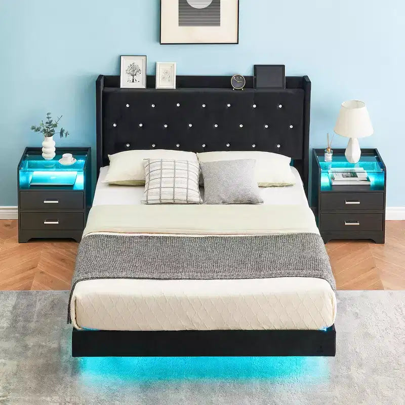 Base de cama flotante, Base de cama moderna tipo plataforma, Soporte de listones de madera, Cabecero tapizado, No necesita somier, Negro