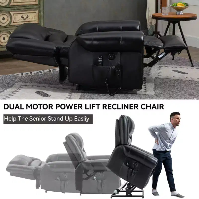 Sillón reclinable elevador eléctrico CLIHOME con calor, masaje, doble motor y posición infinita, piel genuina, mecanismo de movimiento de alta resistencia con puertos USB