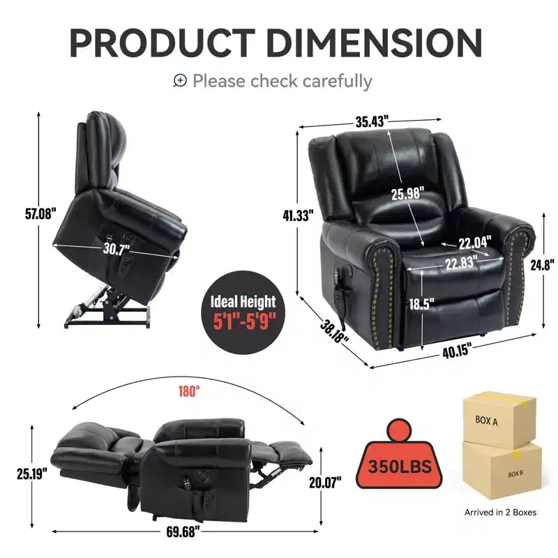 Sillón reclinable elevador eléctrico CLIHOME con calor, masaje, doble motor y posición infinita, piel genuina, mecanismo de movimiento de alta resistencia con puertos USB