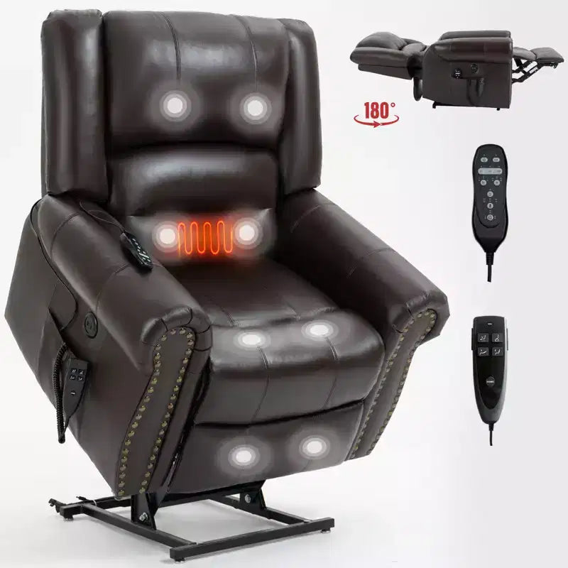 Sillón reclinable elevador eléctrico CLIHOME con calor, masaje, doble motor y posición infinita, piel genuina, mecanismo de movimiento de alta resistencia con puertos USB