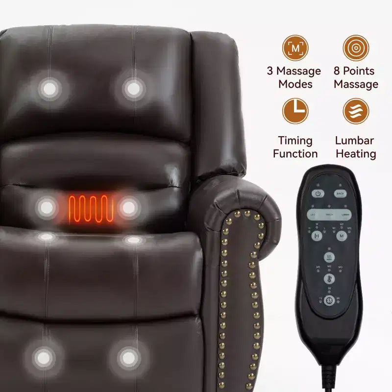Sillón reclinable elevador eléctrico CLIHOME con calor, masaje, doble motor y posición infinita, piel genuina, mecanismo de movimiento de alta resistencia con puertos USB