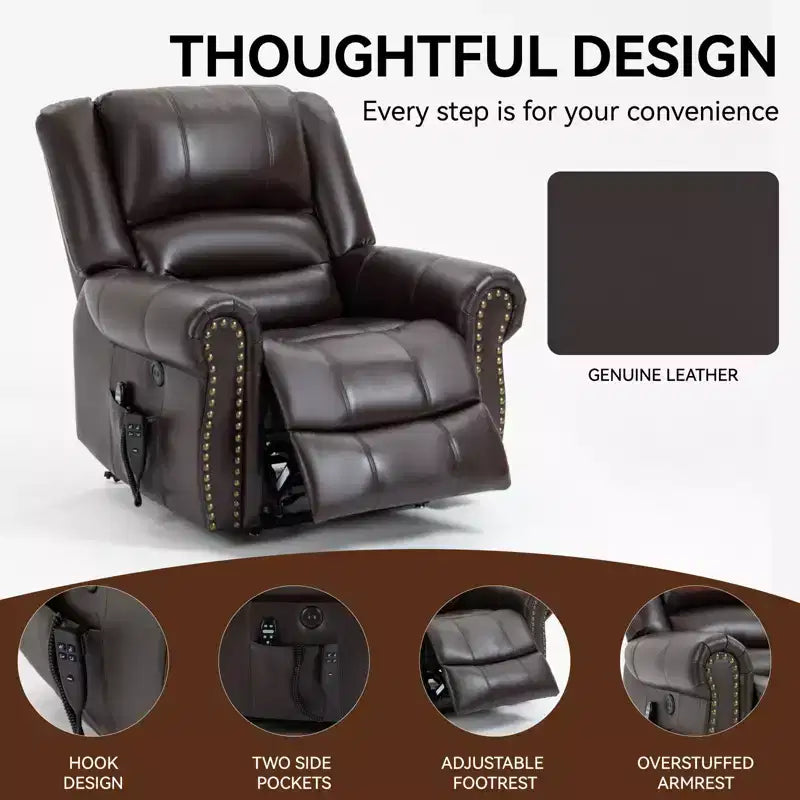Sillón reclinable elevador eléctrico CLIHOME con calor, masaje, doble motor y posición infinita, piel genuina, mecanismo de movimiento de alta resistencia con puertos USB