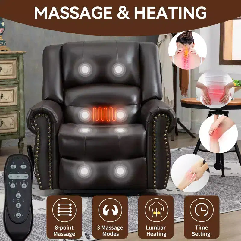 Sillón reclinable elevador eléctrico CLIHOME con calor, masaje, doble motor y posición infinita, piel genuina, mecanismo de movimiento de alta resistencia con puertos USB