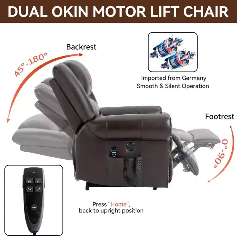 Sillón reclinable elevador eléctrico CLIHOME con calor, masaje, doble motor y posición infinita, piel genuina, mecanismo de movimiento de alta resistencia con puertos USB