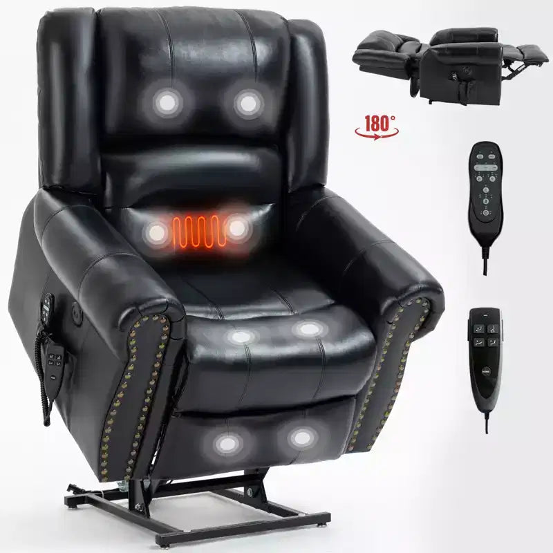 Sillón reclinable elevador eléctrico CLIHOME con calor, masaje, doble motor y posición infinita, piel genuina, mecanismo de movimiento de alta resistencia con puertos USB