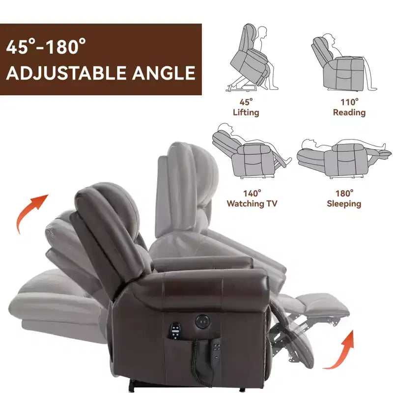 Sillón reclinable elevador eléctrico CLIHOME con calor, masaje, doble motor y posición infinita, piel genuina, mecanismo de movimiento de alta resistencia con puertos USB