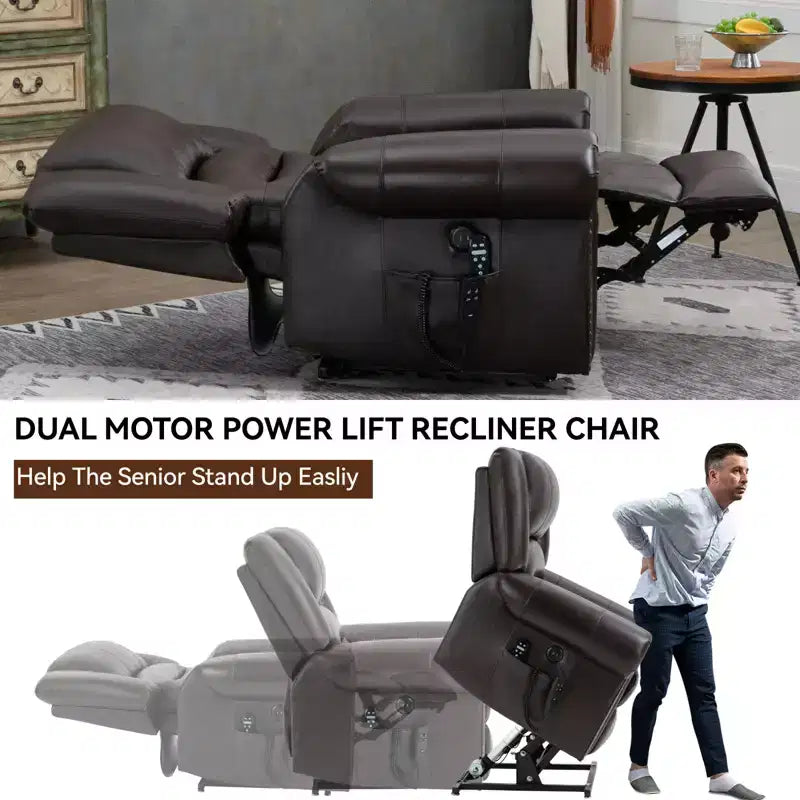 Sillón reclinable elevador eléctrico CLIHOME con calor, masaje, doble motor y posición infinita, piel genuina, mecanismo de movimiento de alta resistencia con puertos USB