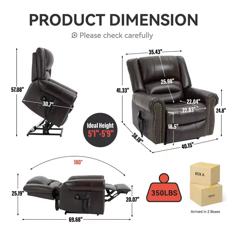 Sillón reclinable elevador eléctrico CLIHOME con calor, masaje, doble motor y posición infinita, piel genuina, mecanismo de movimiento de alta resistencia con puertos USB