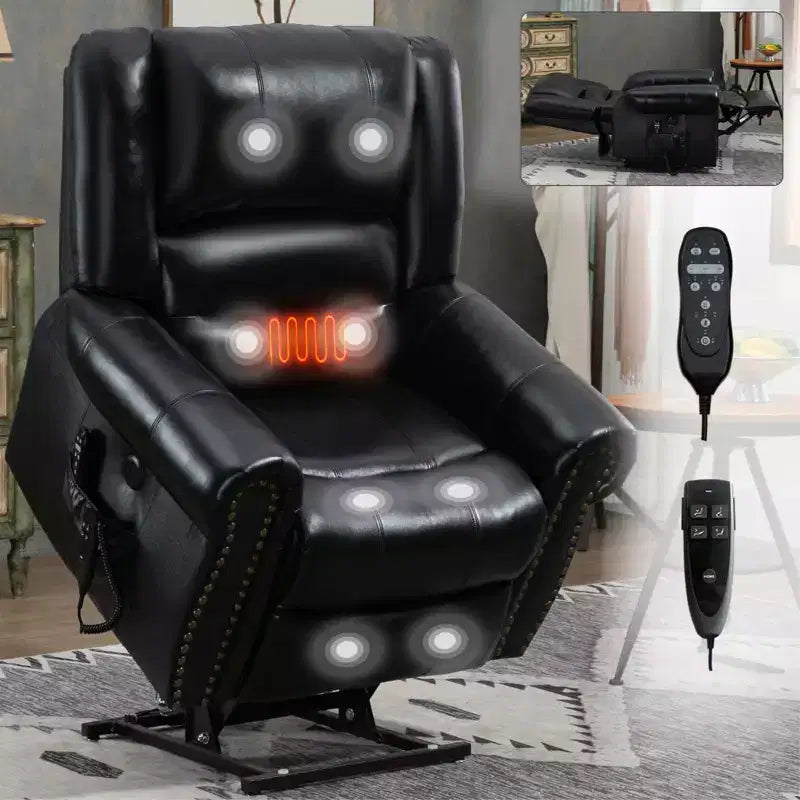 Sillón reclinable elevador eléctrico CLIHOME con calor, masaje, doble motor y posición infinita, piel genuina, mecanismo de movimiento de alta resistencia con puertos USB