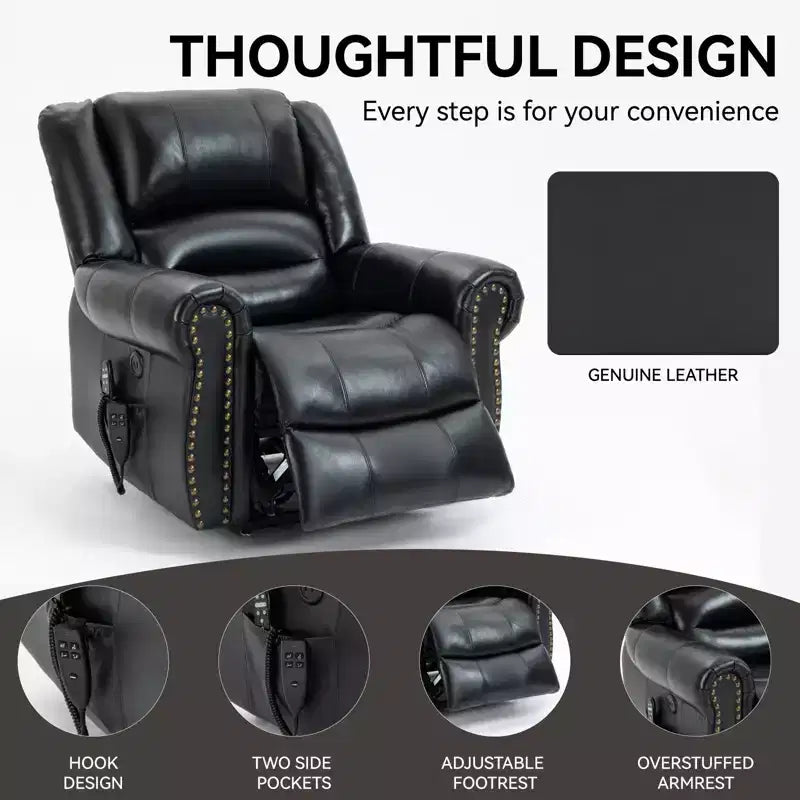 Sillón reclinable elevador eléctrico CLIHOME con calor, masaje, doble motor y posición infinita, piel genuina, mecanismo de movimiento de alta resistencia con puertos USB