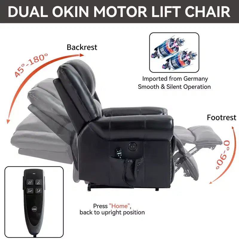 Sillón reclinable elevador eléctrico CLIHOME con calor, masaje, doble motor y posición infinita, piel genuina, mecanismo de movimiento de alta resistencia con puertos USB