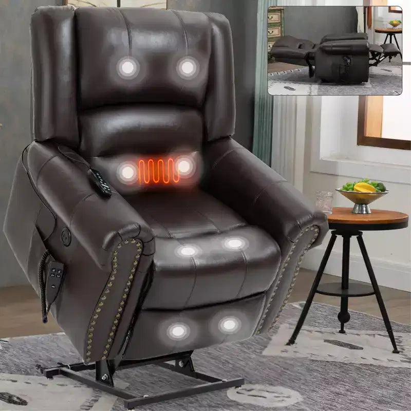 Sillón reclinable elevador eléctrico CLIHOME con calor, masaje, doble motor y posición infinita, piel genuina, mecanismo de movimiento de alta resistencia con puertos USB