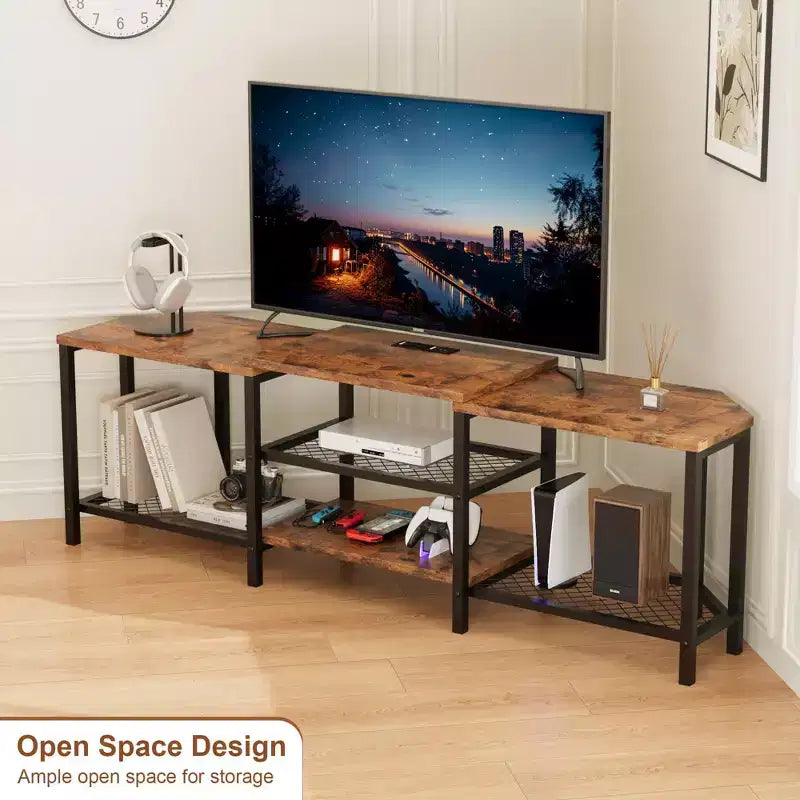 GustoWave Corner TV Stand for 75 Inch TV, TV Media Console Table with 3-Tier Open Storage Shelves & Power Outlet