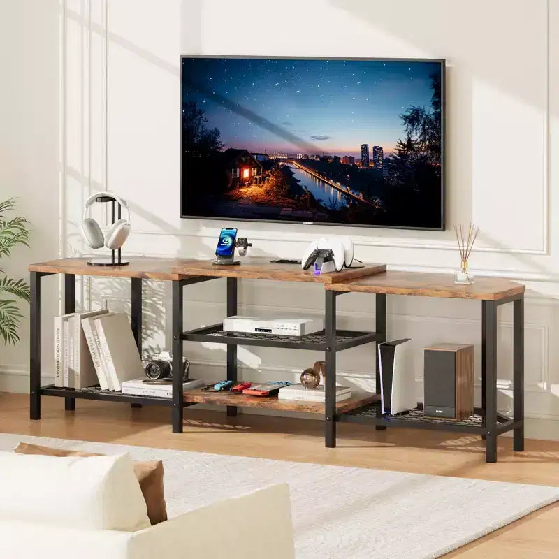 GustoWave Corner TV Stand for 75 Inch TV, TV Media Console Table with 3-Tier Open Storage Shelves & Power Outlet