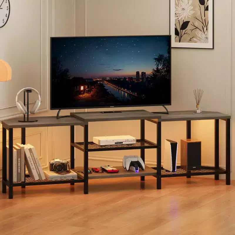 GustoWave Corner TV Stand for 75 Inch TV, TV Media Console Table with 3-Tier Open Storage Shelves & Power Outlet