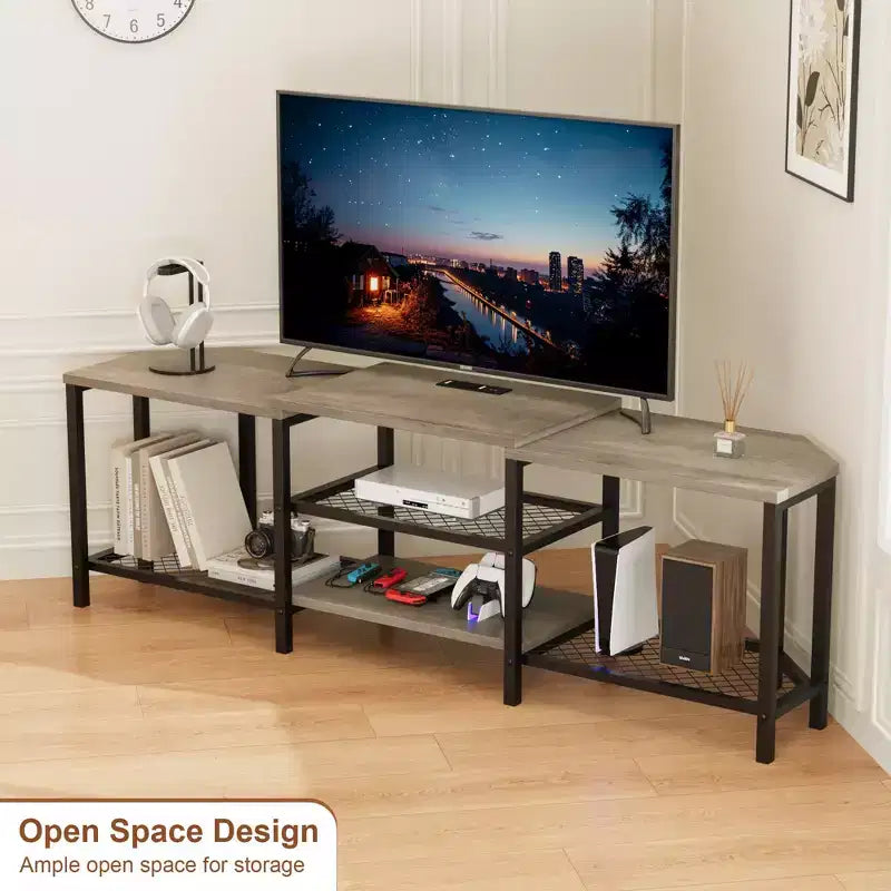 GustoWave Corner TV Stand for 75 Inch TV, TV Media Console Table with 3-Tier Open Storage Shelves & Power Outlet