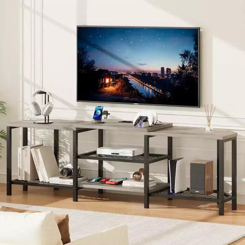 GustoWave Corner TV Stand for 75 Inch TV, TV Media Console Table with 3-Tier Open Storage Shelves & Power Outlet
