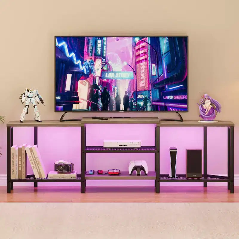 GustoWave Corner TV Stand for 75 Inch TV, TV Media Console Table with 3-Tier Open Storage Shelves & Power Outlet