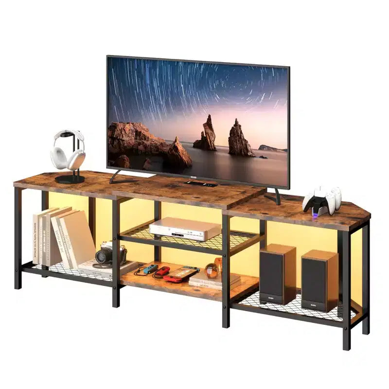Corner TV Stand for 75 Inch TV, TV Media Console Table with 3-Tier Open Storage Shelves & Power Outlet