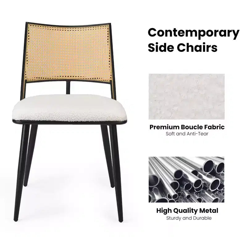 PexFix 2 sillas de comedor, sillas de cocina modernas de mediados de siglo con respaldo de ratán y estructura de metal, sillas decorativas tapizadas de Boucle, blancas