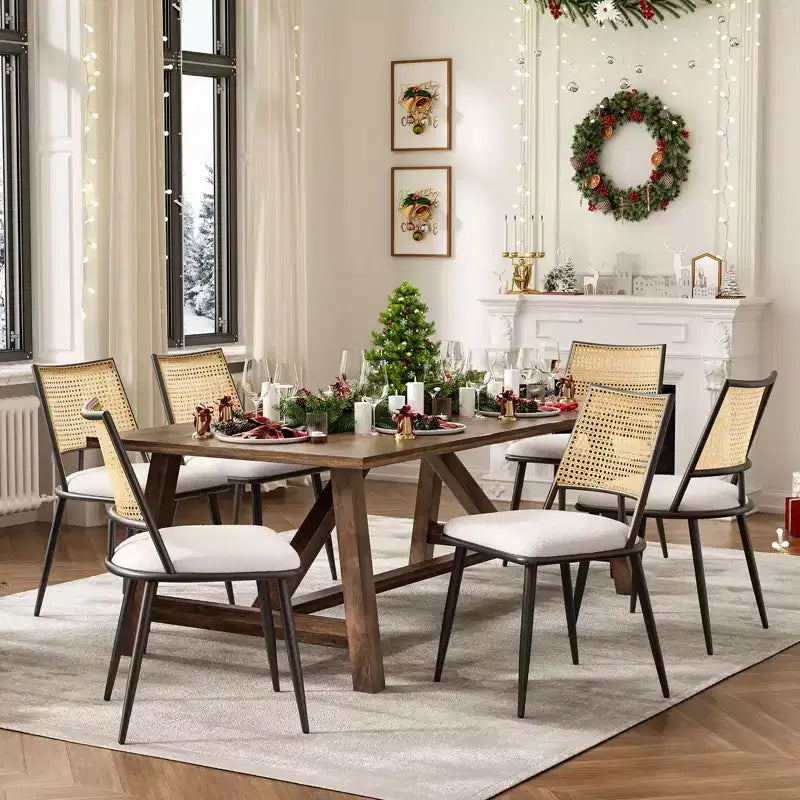 PexFix 2 sillas de comedor, sillas de cocina modernas de mediados de siglo con respaldo de ratán y estructura de metal, sillas decorativas tapizadas de Boucle, blancas