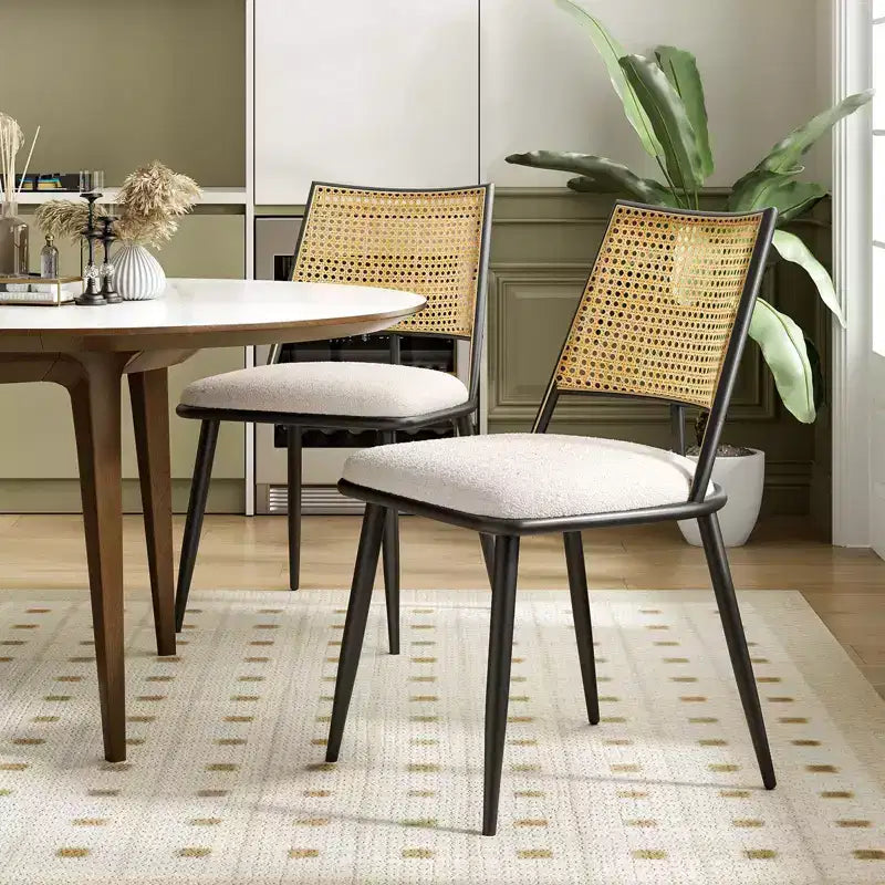 PexFix 2 sillas de comedor, sillas de cocina modernas de mediados de siglo con respaldo de ratán y estructura de metal, sillas decorativas tapizadas de Boucle, blancas