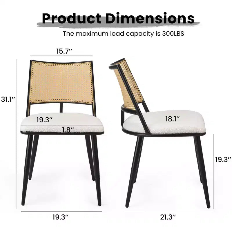 PexFix 2 sillas de comedor, sillas de cocina modernas de mediados de siglo con respaldo de ratán y estructura de metal, sillas decorativas tapizadas de Boucle, blancas