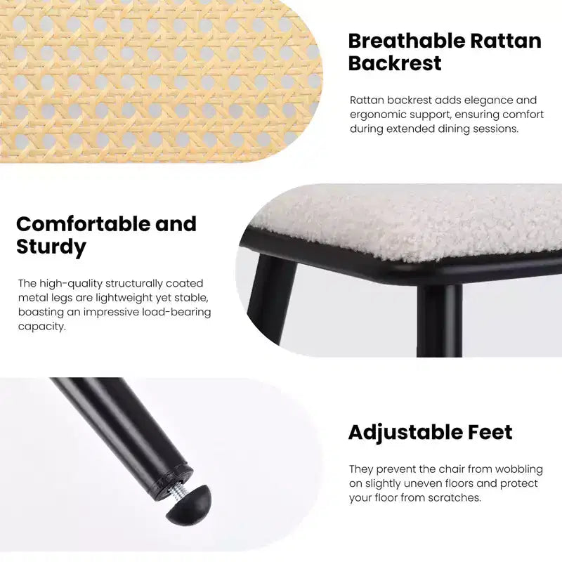 PexFix 2 sillas de comedor, sillas de cocina modernas de mediados de siglo con respaldo de ratán y estructura de metal, sillas decorativas tapizadas de Boucle, blancas