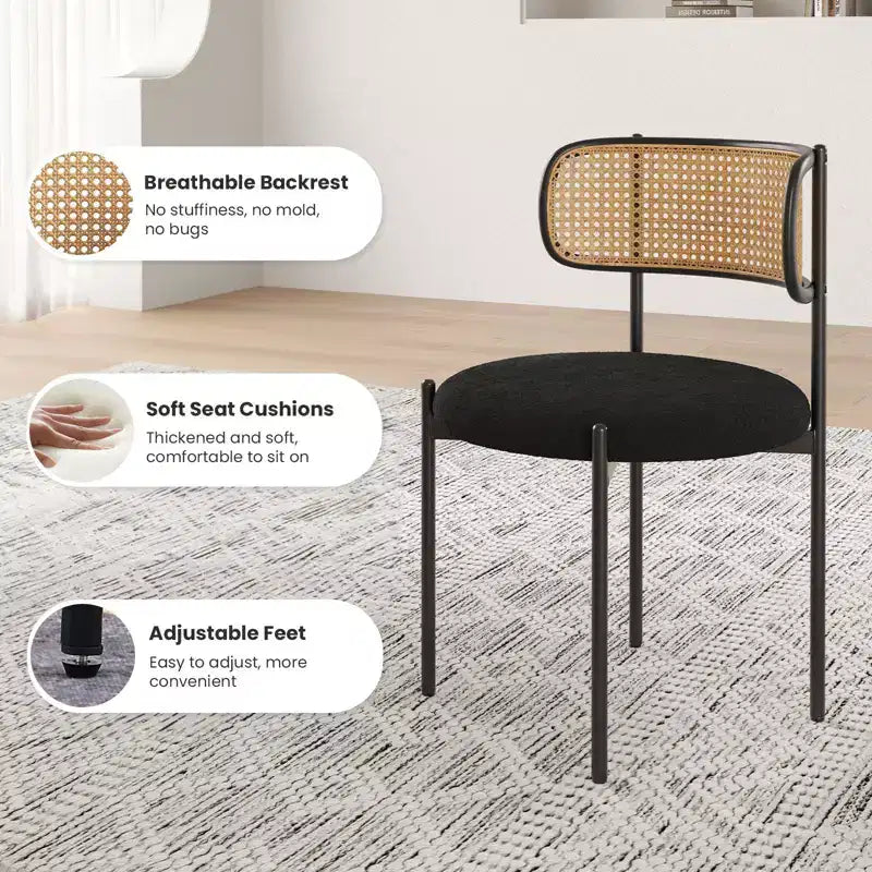 PexFix Sillas de Comedor Tapizadas Modernas 2 Piezas Sillas de Comedor con Respaldo de Ratán Sillas Auxiliares de Cocina con Patas Metálicas Negras