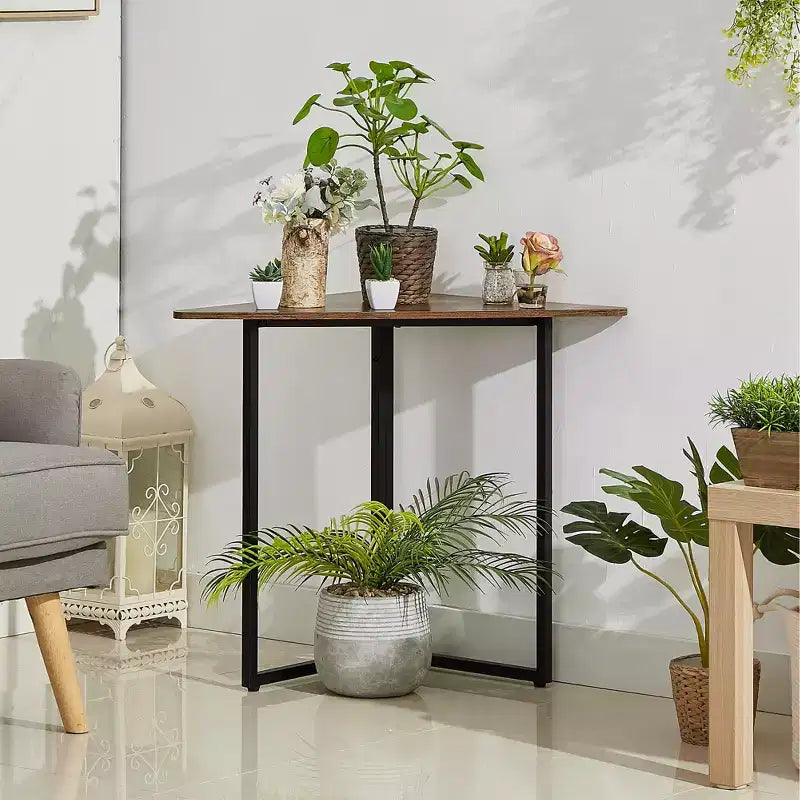 Estantería de esquina VECELO, estantes triangulares, mesa auxiliar/de centro con estructura de metal para sala de estar, espacios pequeños, marrón/gris