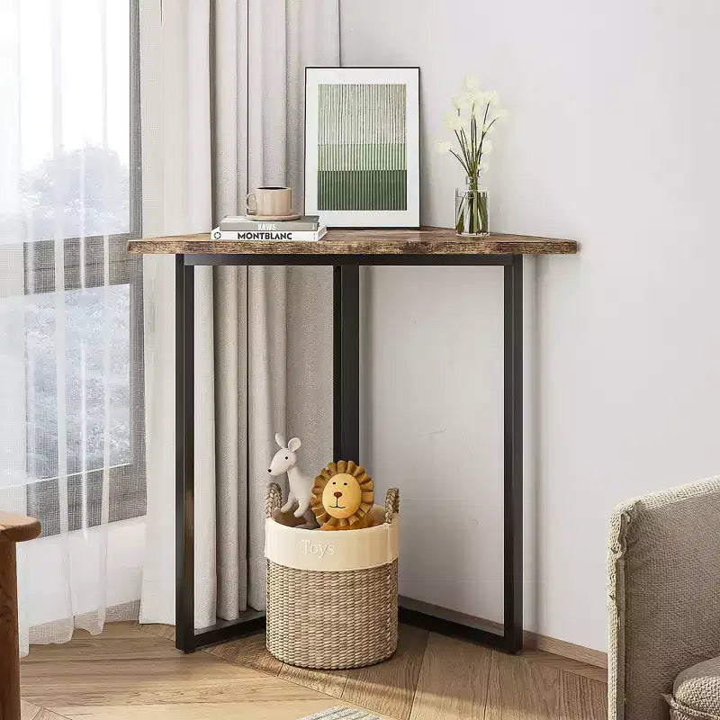 Estantería de esquina VECELO, estantes triangulares, mesa auxiliar/de centro con estructura de metal para sala de estar, espacios pequeños, marrón/gris