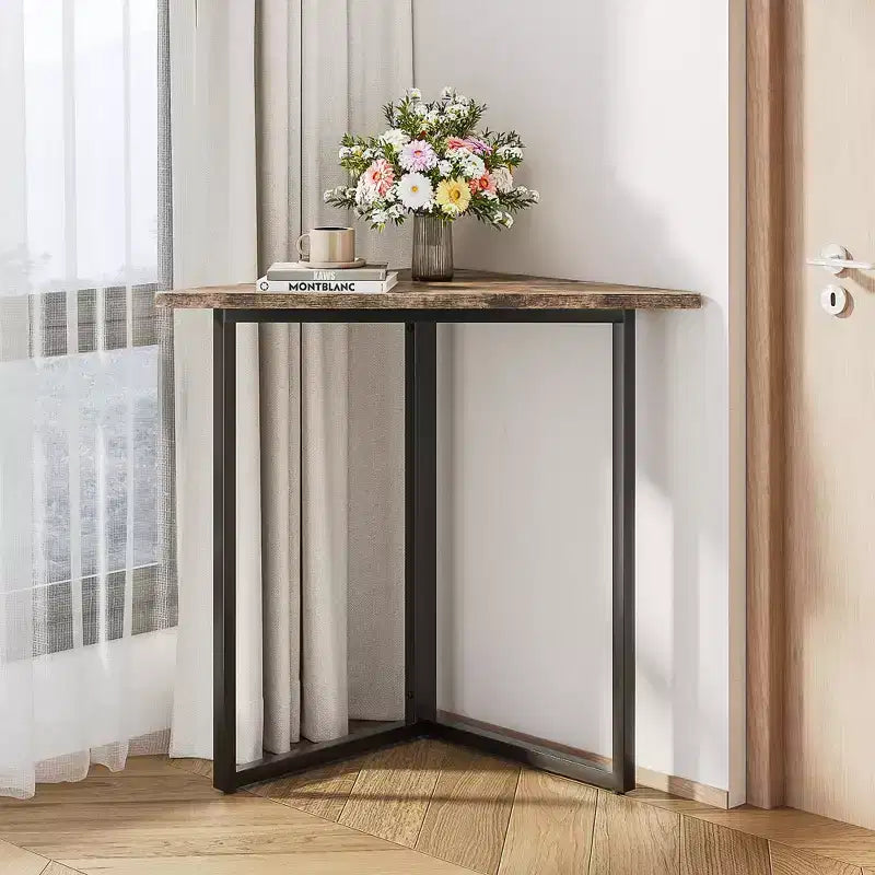 Estantería de esquina VECELO, estantes triangulares, mesa auxiliar/de centro con estructura de metal para sala de estar, espacios pequeños, marrón/gris