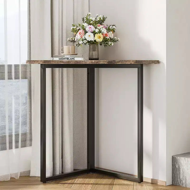 Estantería de esquina VECELO, estantes triangulares, mesa auxiliar/de centro con estructura de metal para sala de estar, espacios pequeños, marrón/gris