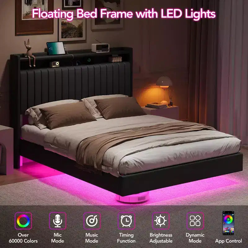 Base de cama flotante GustoWave, con luces LED y estación de carga