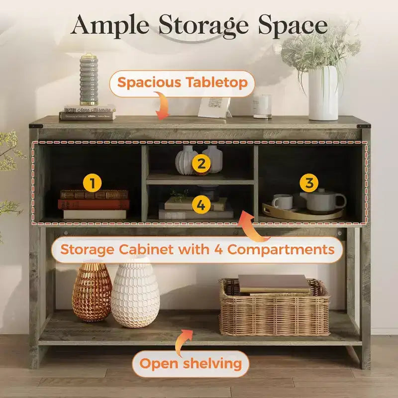 Mesa consola de entrada RoyalCraft estilo casa de campo con estantes de almacenamiento, puerta corrediza tipo granero y amplia encimera para sala de estar o vestíbulo, gris claro