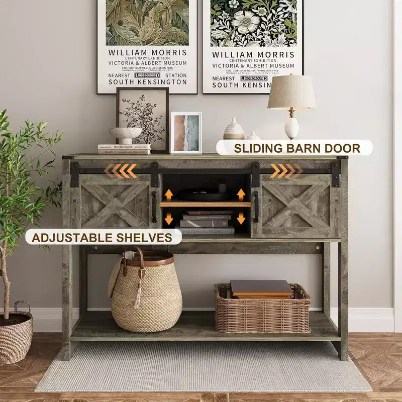 Mesa consola de entrada RoyalCraft estilo casa de campo con estantes de almacenamiento, puerta corrediza tipo granero y amplia encimera para sala de estar o vestíbulo, gris claro