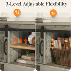 Mesa consola de entrada RoyalCraft estilo casa de campo con estantes de almacenamiento, puerta corrediza tipo granero y amplia encimera para sala de estar o vestíbulo, gris claro