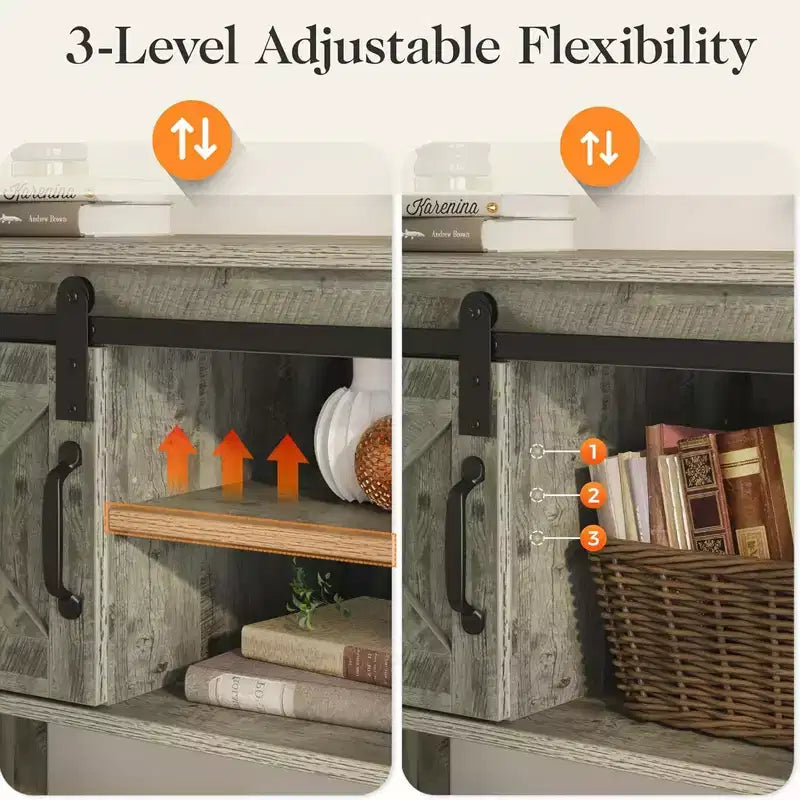 Mesa consola de entrada RoyalCraft estilo casa de campo con estantes de almacenamiento, puerta corrediza tipo granero y amplia encimera para sala de estar o vestíbulo, gris claro