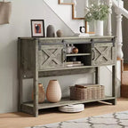 Mesa consola de entrada RoyalCraft estilo casa de campo con estantes de almacenamiento, puerta corrediza tipo granero y amplia encimera para sala de estar o vestíbulo, gris claro