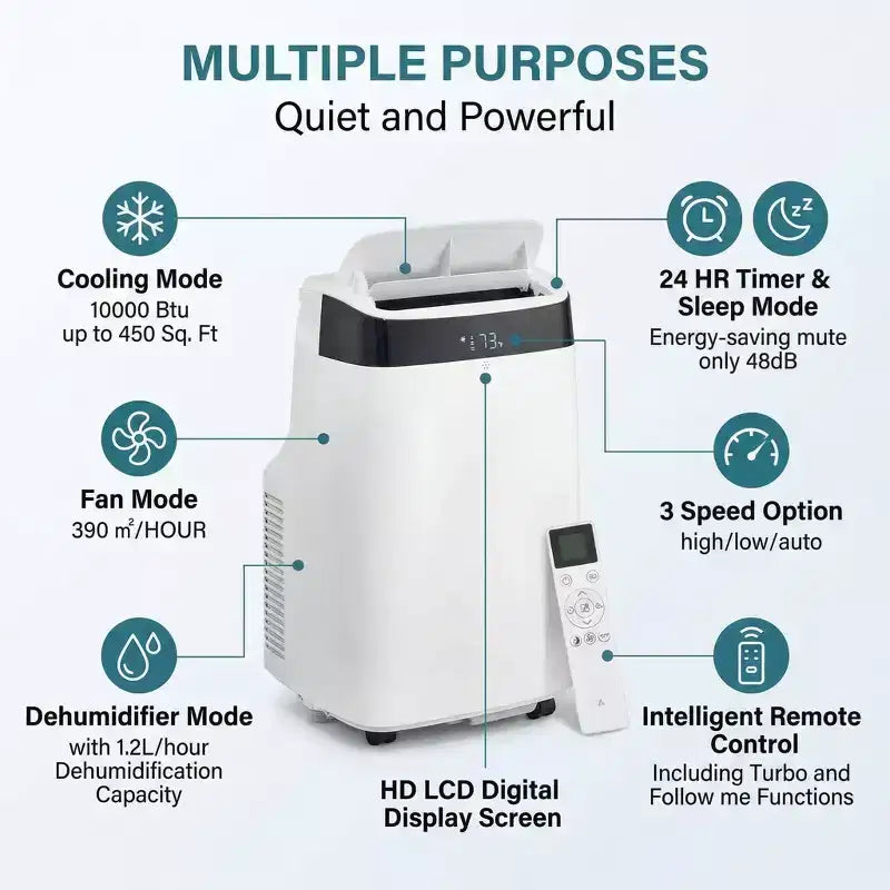 Acekool 10000 BTU Portable Air Conditioner, 3-in-1 AC with Fan & Dehumidifier, Remote, 3 Speeds, 24H Timer, Cools Rooms Up to 450 Sq.Ft, Easy Install