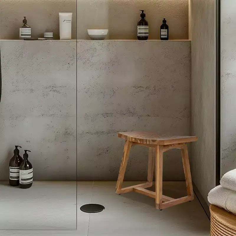 Sunnydaze banco de ducha de teca maciza de 19 pulgadas con diseño ergonómico curvo