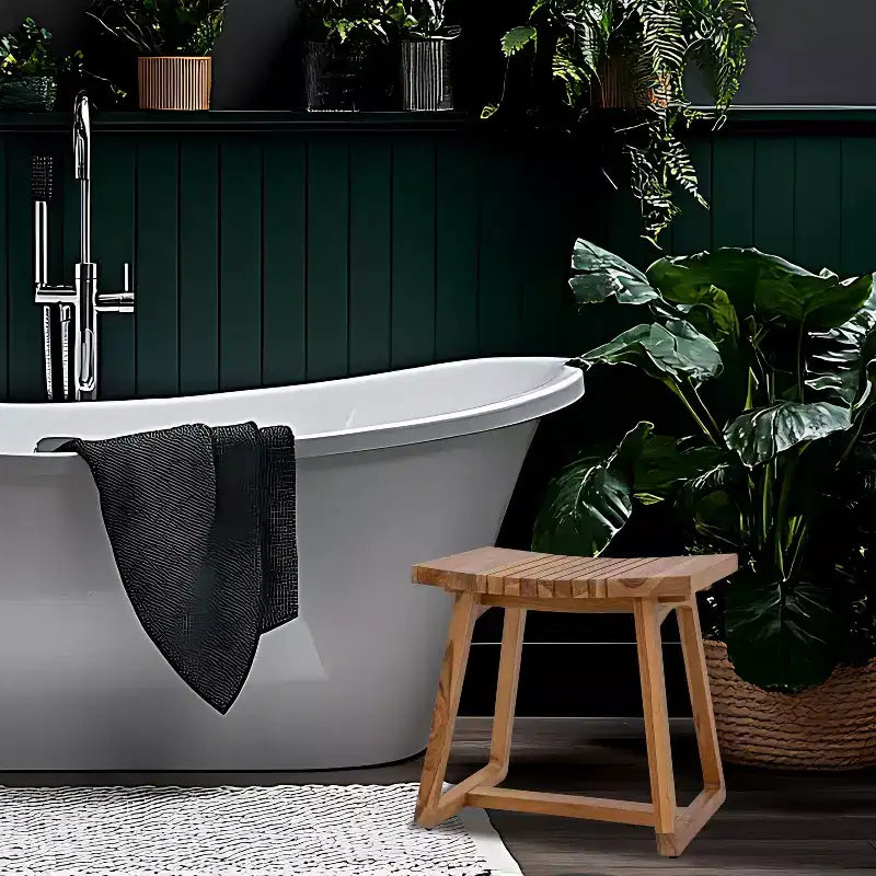 Sunnydaze banco de ducha de teca maciza de 19 pulgadas con diseño ergonómico curvo