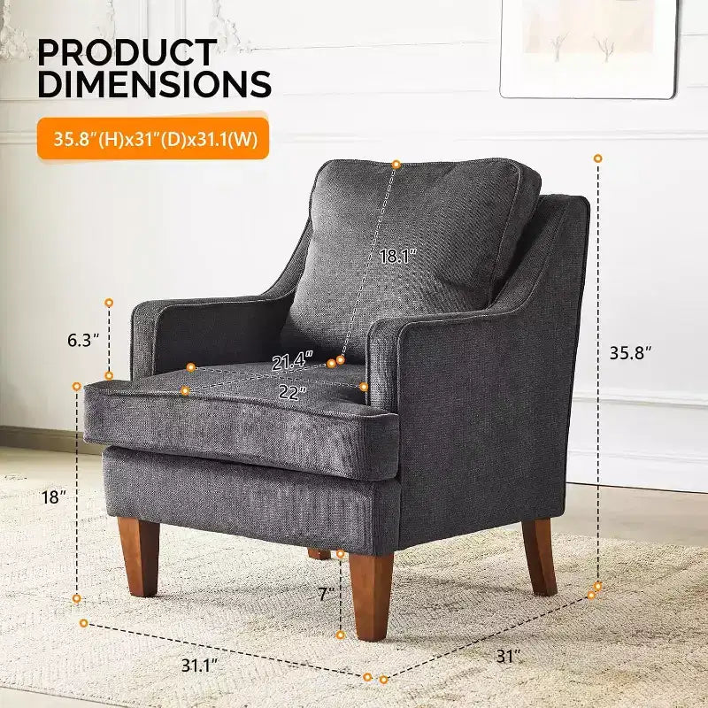 VINGLI Sillón moderno de mediados de siglo, sillón tapizado negro, cómodo sofá, sillón de lectura
