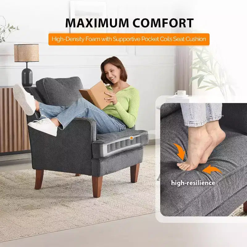 VINGLI Sillón moderno de mediados de siglo, sillón tapizado negro, cómodo sofá, sillón de lectura