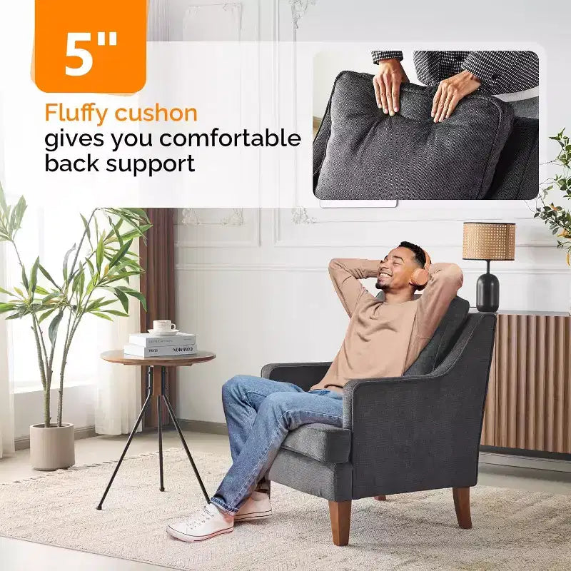 VINGLI Sillón moderno de mediados de siglo, sillón tapizado negro, cómodo sofá, sillón de lectura