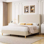 Estructura de cama, Estructura de cama tapizada de plataforma de pana con cabecero alado con diseño de canal vertical, Listones de madera resistentes, No necesita somier