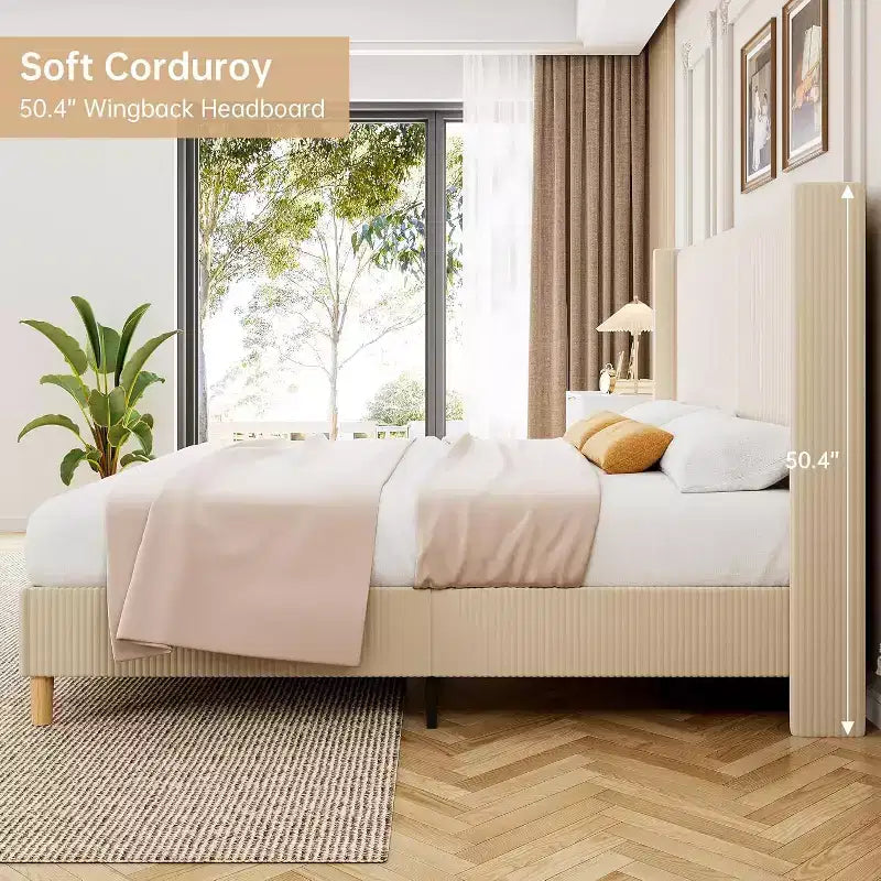 Estructura de cama, Estructura de cama tapizada de plataforma de pana con cabecero alado con diseño de canal vertical, Listones de madera resistentes, No necesita somier